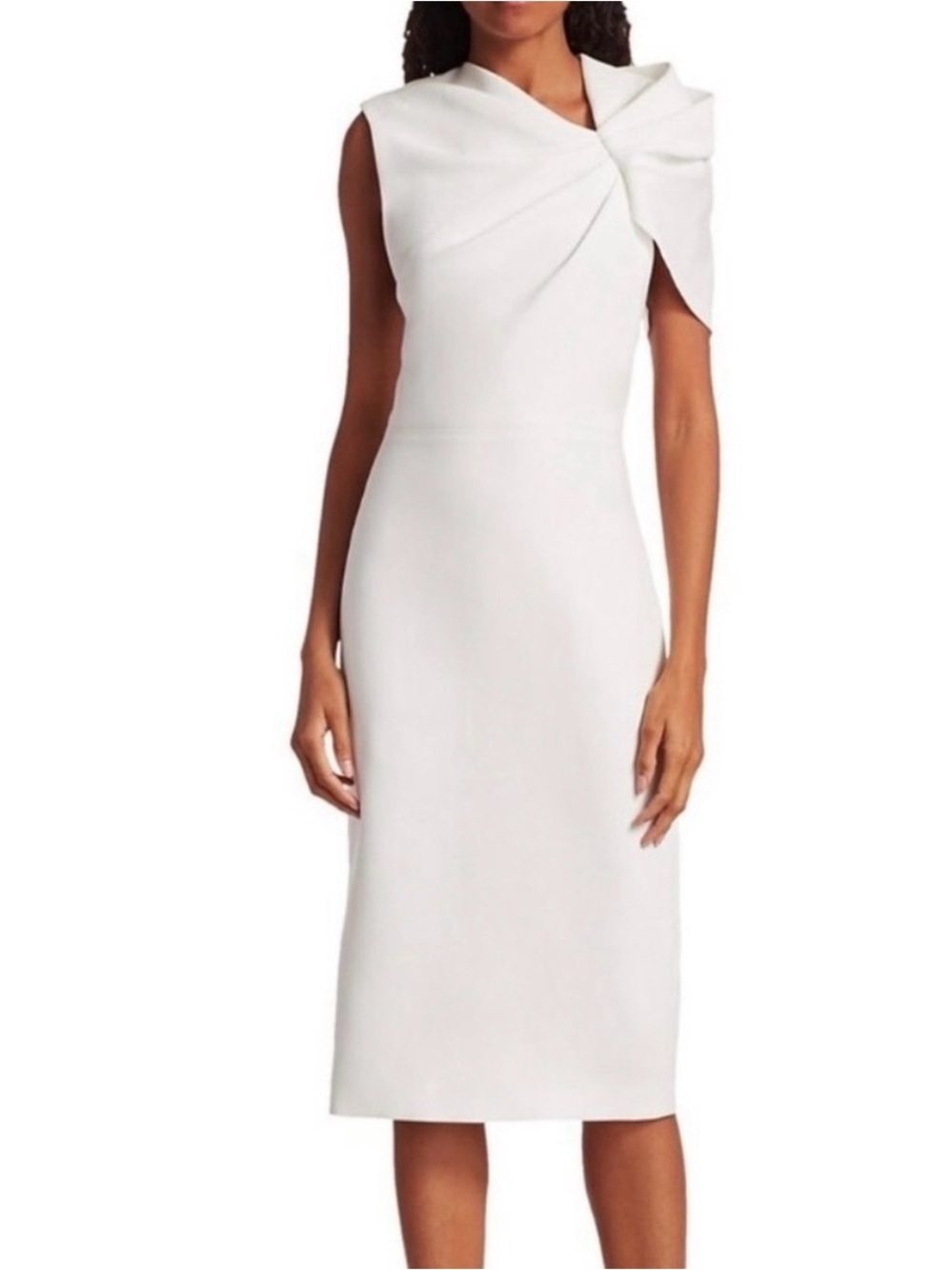 NWT ALICE + OLIVIA Kiro Ruffle Shoulder Midi Sheath Dress - Picture 3 of 11